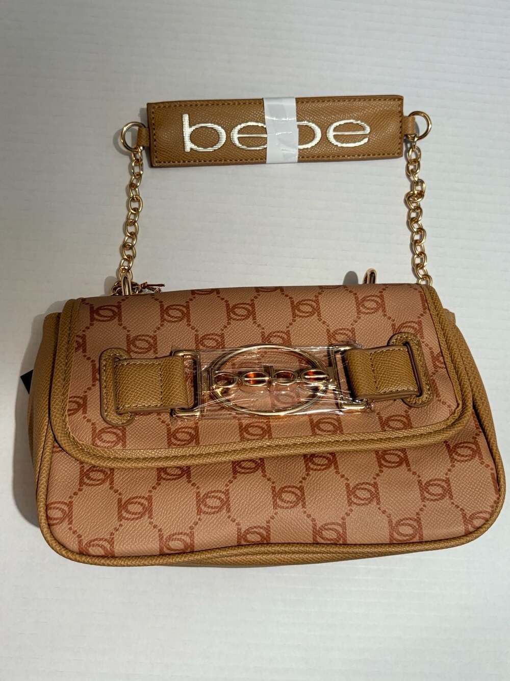Bebe Leilani Printed Monogram Shoulder Bag Almond/Tan One Size